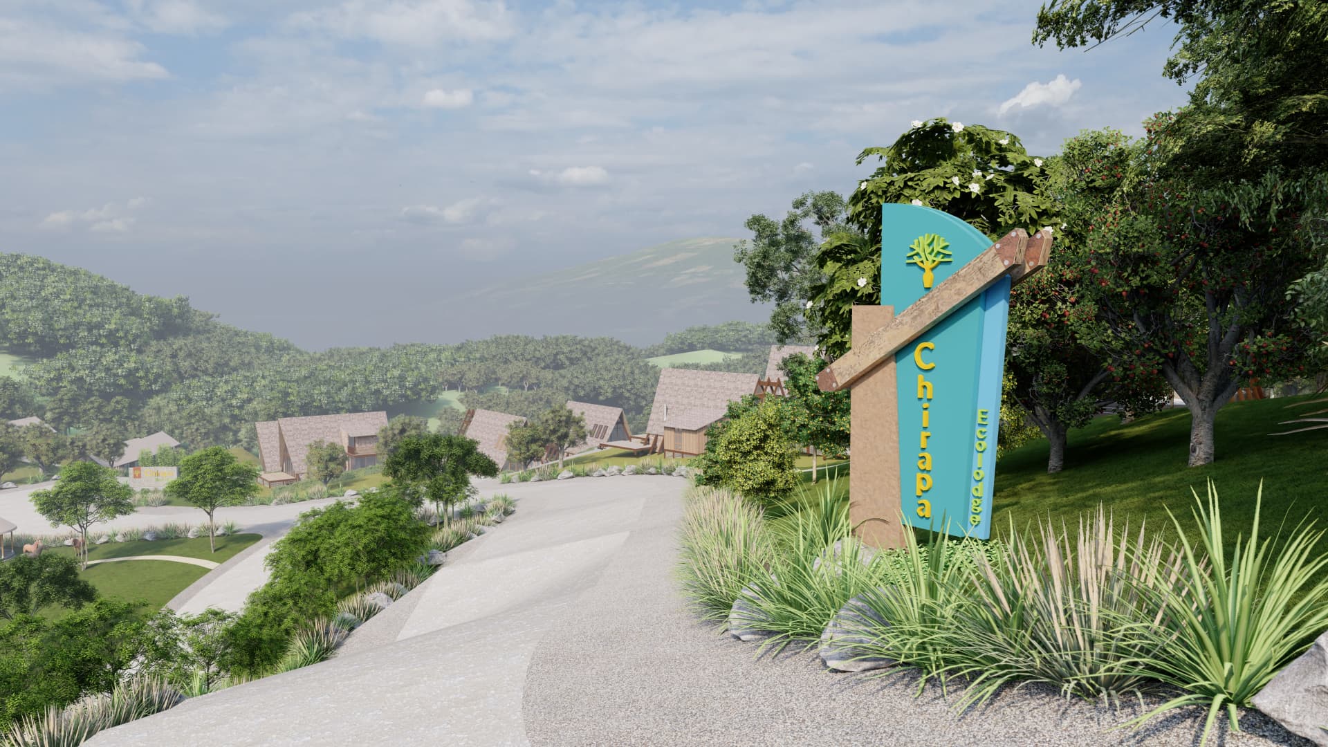 Tótem de Chirapa Ecolodge junto a la vía interna con vista al valle